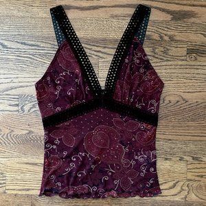 SOLD Vintage Y2K Wet Seal Faux Suede Mesh Plunge Neck Paisley Cami